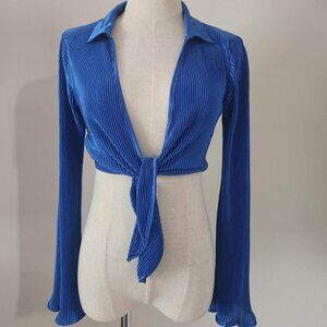 PRINCESS POLLY Royal Blue Tie Up Crop Top w/ Flared Sleeves & Satin Collar. SZ 2